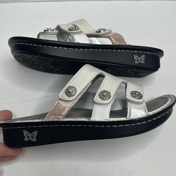 Alegria White Iridescent Leather  Slip On Sandals  Womens Size 6.5